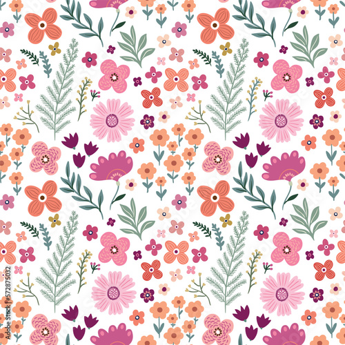 Floral seamless pattern, background, wallpaper, spring and summer design, flowers in bloom and plants