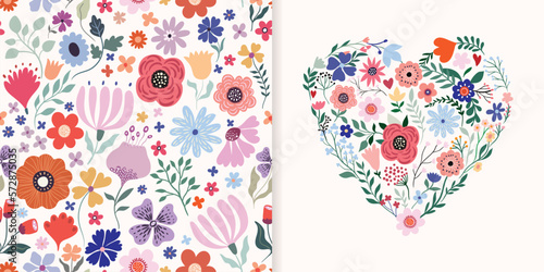 Floral celebration set with seamless pattern, background, wallpaper and greeting card, floral heart with flowers in bloom