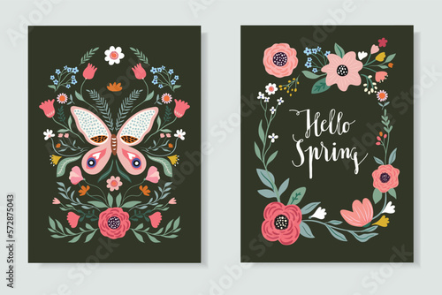 Hello Spring posters, cards, invitations,  flyers with floral design, butterfly and floral frame, different flowers in bloom and plants