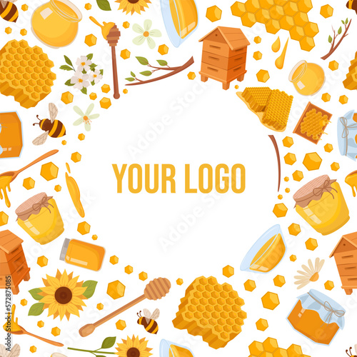 honey background. different items of apiary bees beehive sunflower honeycomb arranged in a circle shape. vector flat simple cartoon items.