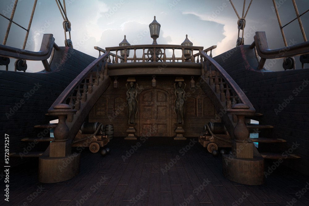 Deck of an old wooden pirate ship with door to cabin and steps leading