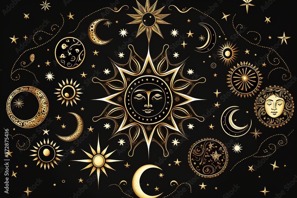 Drawing of golden stars, moon, planets, constellations on black isolated background, mystical drawing to tarot cards, fantasy magic space. Generative AI Drawing of golden stars, moon, planets, constellations on black isolated background, mystical drawing to tarot cards, fantasy magic space. Generative AI