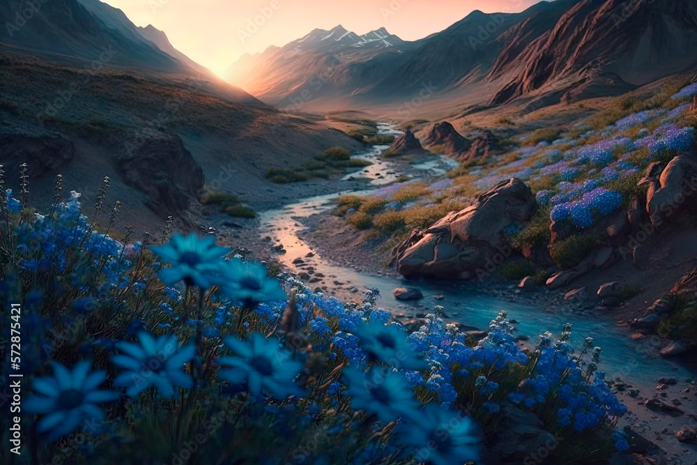 Blue flowers in a valley while sunset. Generative AI