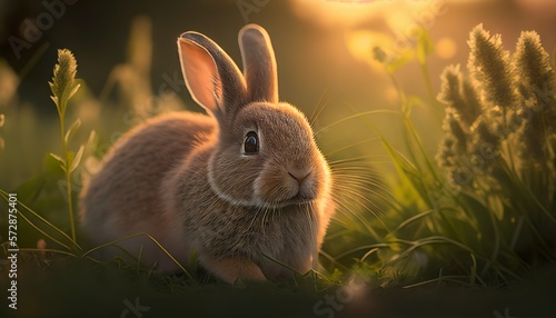 Little World Rabbit in the Grass at Sunrise