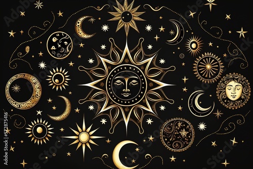Drawing of golden stars, moon, planets, constellations on black isolated background, mystical drawing to tarot cards, fantasy magic space. Generative AI © VICHIZH