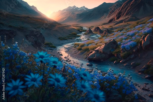 Blue flowers in a valley while sunset. Generative AI