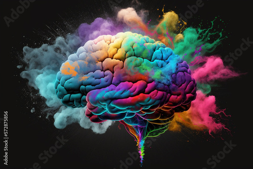 An illustration of a brain with colorful powder explosion, related to mental health, creativity, innovation, and ideas. AI generated.