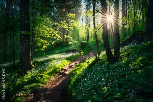 photos Beautiful forest in spring with bright sun shining through the trees photography made with Generative AI © yuniazizah