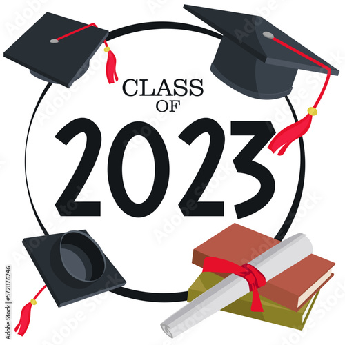 Class 2023 badge design template in black and red colors. Congratulations to graduates 2023 banner sticker postcard with academic hat, diploma for graduation from high school or college