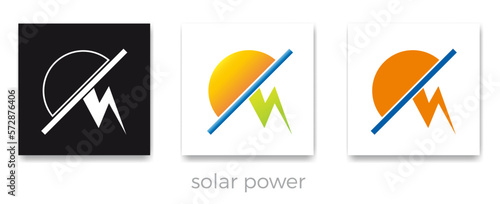 Rays of the sun hitting a solar panel that produces electricity. Solar power. Vector sign green energy