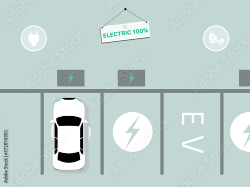 Simple vector illustration style of a white electric car charging at the green charger station. Electromobility e-motion concept.