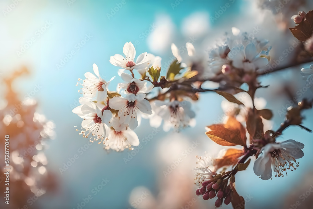 Photos Branches of blossoming cherry macro with soft focus on gentle light blue sky background in sunlight with copy space. Beautiful floral image of spring nature, photography made with Generative AI