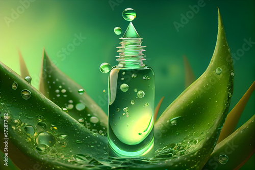 Vial of Aloe Vera, Aloe Vera Plant with water drops, Small bottle of Aloe Vera Gel - Product Design = Generative AI
