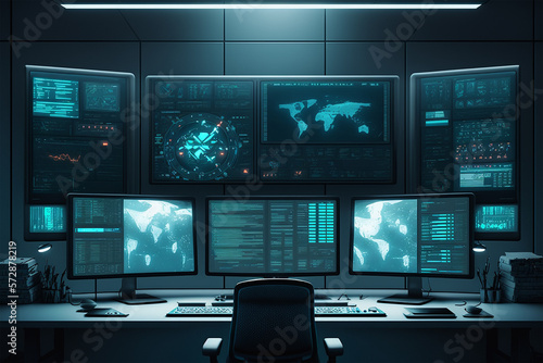 Cyber Room With Several Modern Computer Screens On The Wall