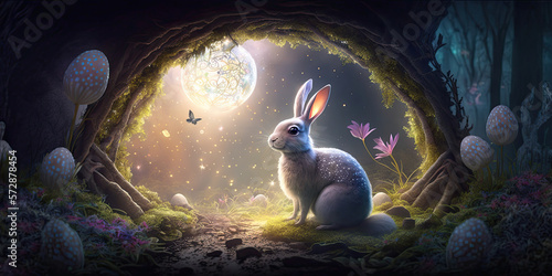 Papier peint Magical easter bunny banner, fairytale archway, Generative AI