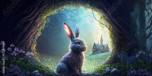 beautiful easter bunny sitting in a archway with a magical view, Generative AI