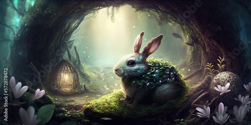 easter bunny in a fantasy forest  Generative AI