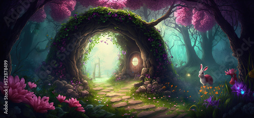 Fotografering magical fantasy forest in the spring, easter banner, Generative AI