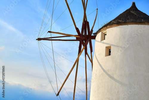 Santorini landscape, sunny day blue sky windmills