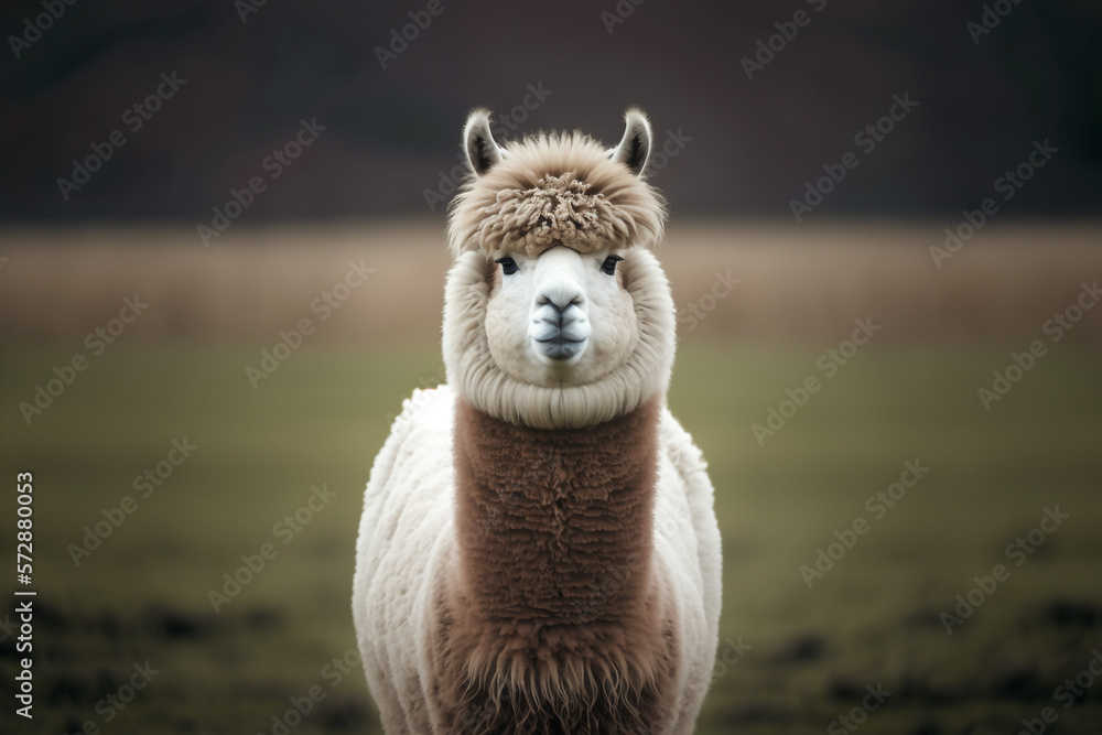 a fluffy alpaca standing in a field, with its big, expressive eyes looking directly at the viewer Generative AI