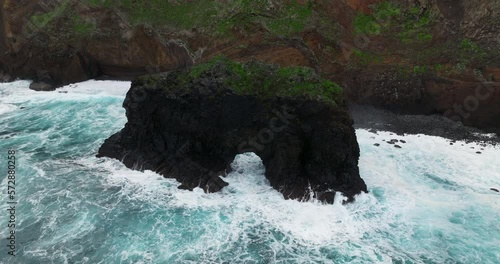 Powerful Breaking Waves At Ponta de Sao Lourenco Volcanic Rocks In Madeira Island, Portugal. Aerial Drone Shot photo