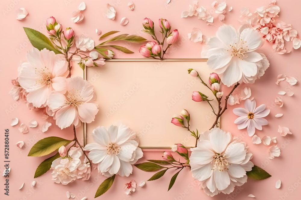 Fototapeta premium Beautiful spring nature background with lovely blossom, petal a on soft pink background , top view, frame. Springtime concept made with Generative AI