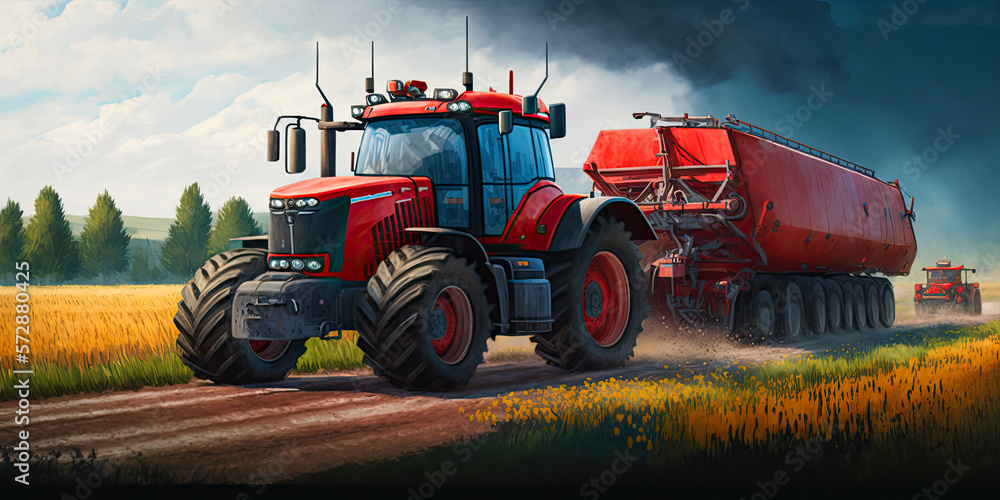 Obraz premium Wheat field, red harvester, harvest, agricultural machinery. Ai generative