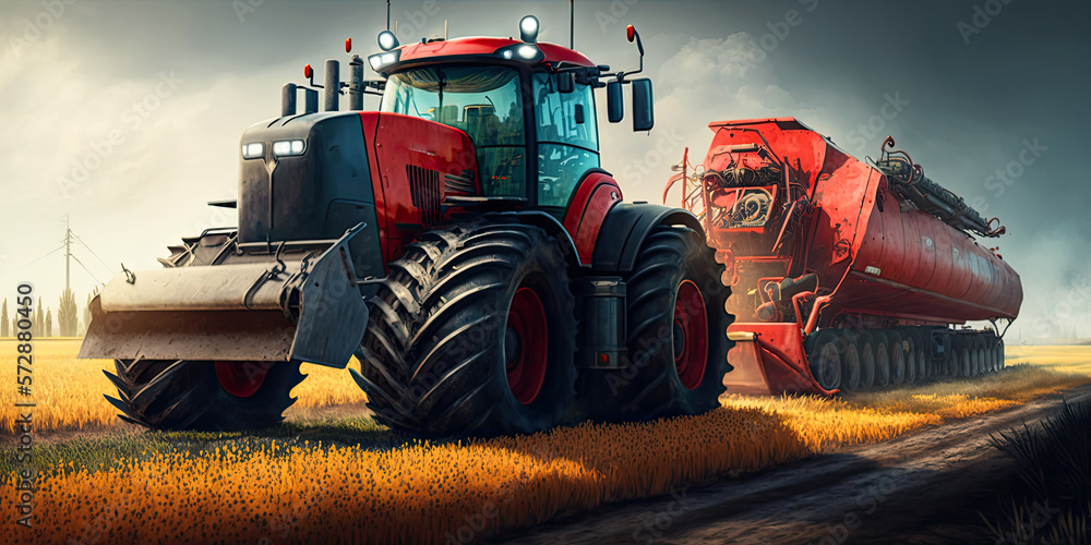 Obraz premium Wheat field, red harvester, harvest, agricultural machinery. Ai generative