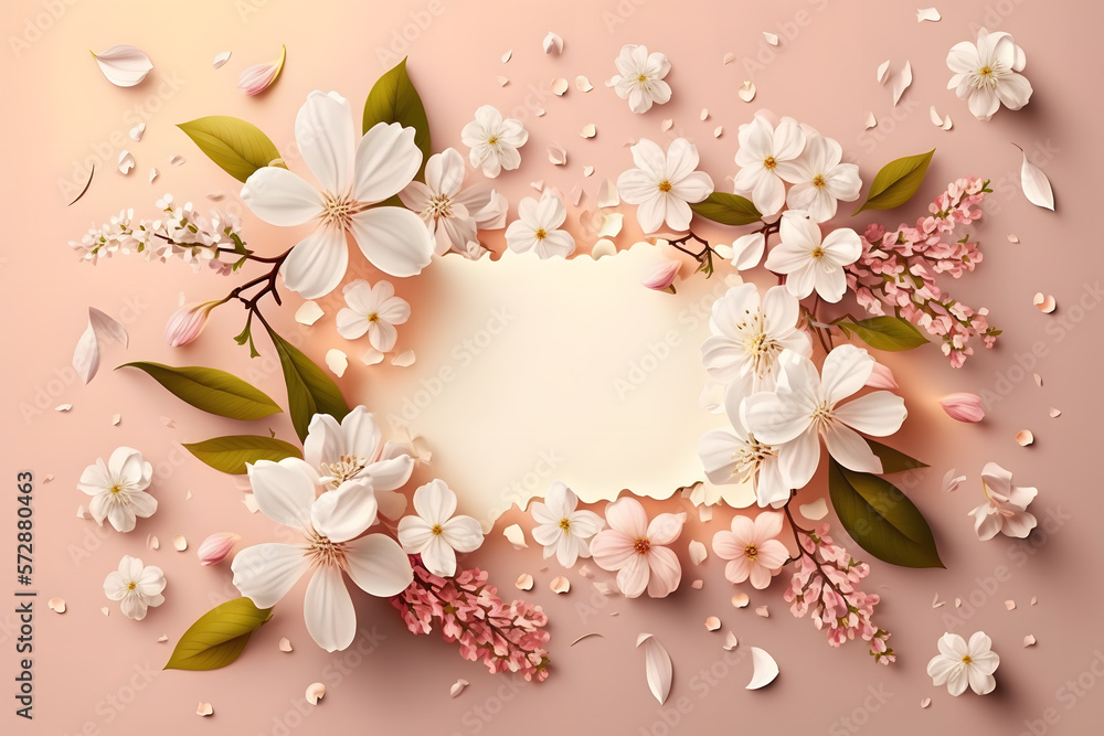 Beautiful spring nature background with lovely blossom, petal a on soft pink background , top view, frame. Springtime concept made with Generative AI