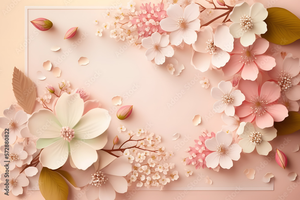 Beautiful spring nature background with lovely blossom, petal a on soft pink background , top view, frame. Springtime concept made with Generative AI Beautiful spring nature background with lovely blossom, petal a on soft pink background , top view, frame. Springtime concept made with Generative AI