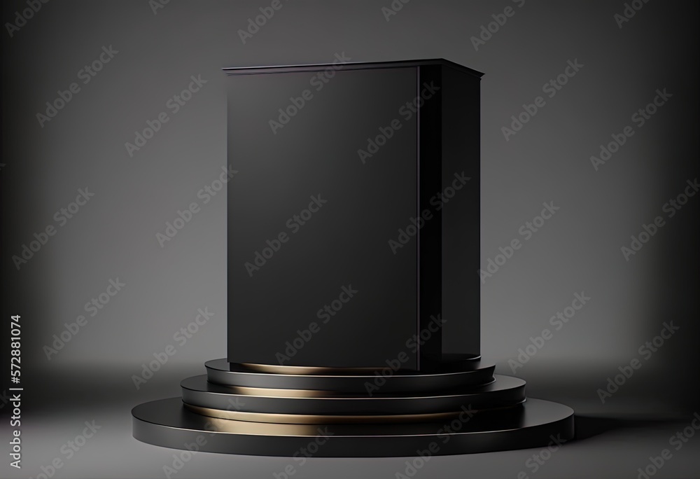 On a high-end storefront window display, a black pedestal or podium serves as a blank background for the products on exhibit. Generative AI On a high-end storefront window display, a black pedestal or podium serves as a blank background for the products on exhibit. Generative AI