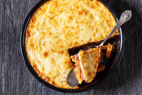 Greek Pastitsio in baking dish, top view photo