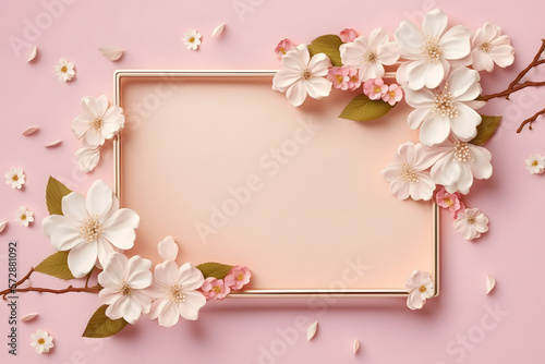 Beautiful spring nature background with lovely blossom  petal a on soft pink background   top view  frame. Springtime concept made with Generative AI