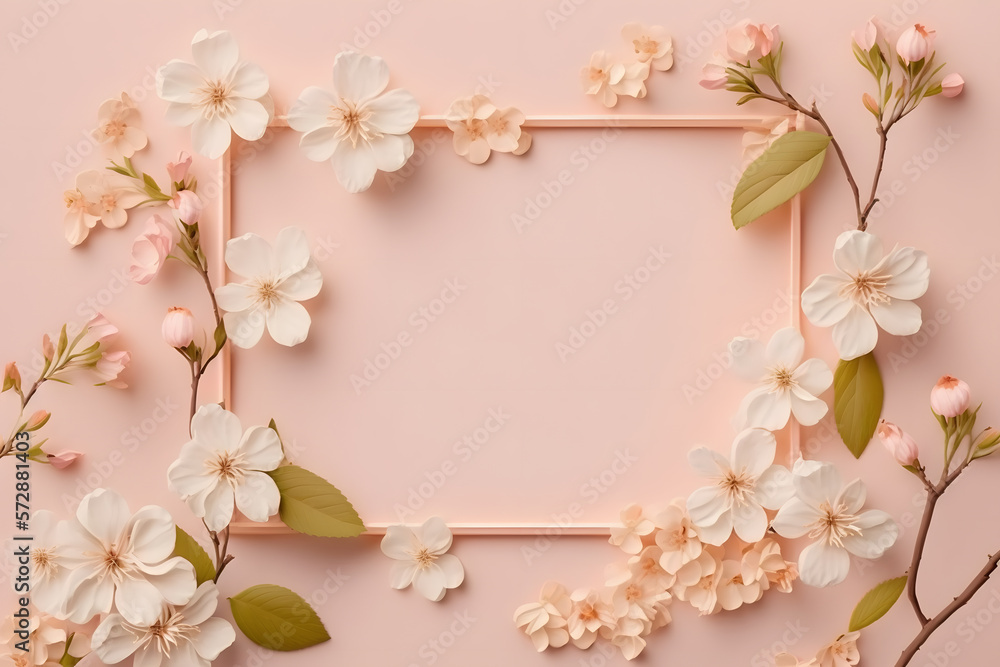 Beautiful spring nature background with lovely blossom, petal a on soft pink background , top view, frame. Springtime concept made with Generative AI