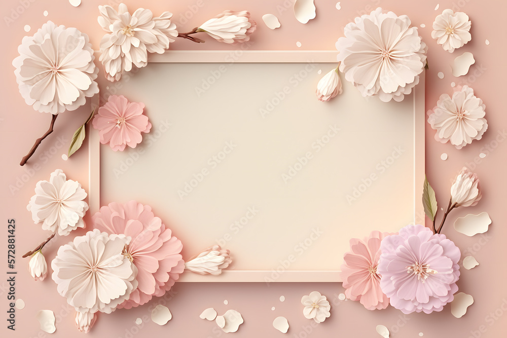 Beautiful spring nature background with lovely blossom, petal a on soft pink background , top view, frame. Springtime concept made with Generative AI Beautiful spring nature background with lovely blossom, petal a on soft pink background , top view, frame. Springtime concept made with Generative AI