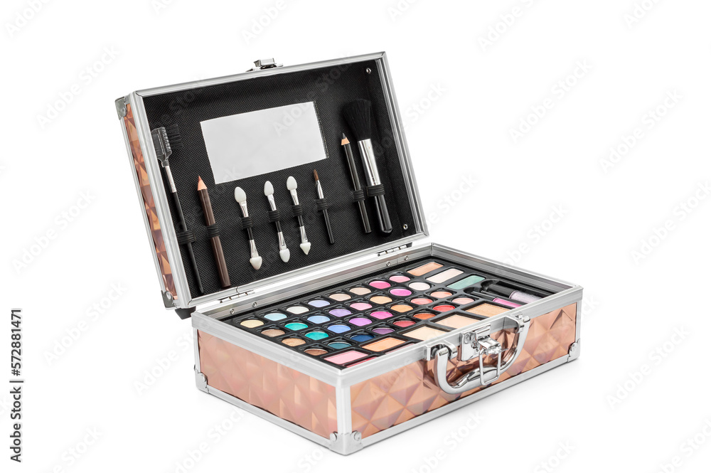 Beauty box with eyeshadow and brushes on white background. Makeup concept. Beauty box with eyeshadow and brushes on white background. Makeup concept.