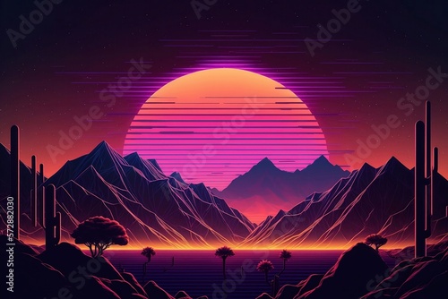 A Synthwave Sunset with Geometric Horizons over Forest  Mountains  Valley  and Desert. Generative AI
