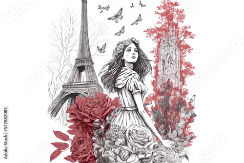 Decorative design composition from afar with the Eiffel Tower, a Parisian girl, anemone flowers, and eucalyptus branches drawn in a sketchy way Generative AI