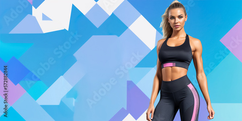 Smiling fit blonde woman in a fitness rack on a colored background with copy space, banner. Generative ai