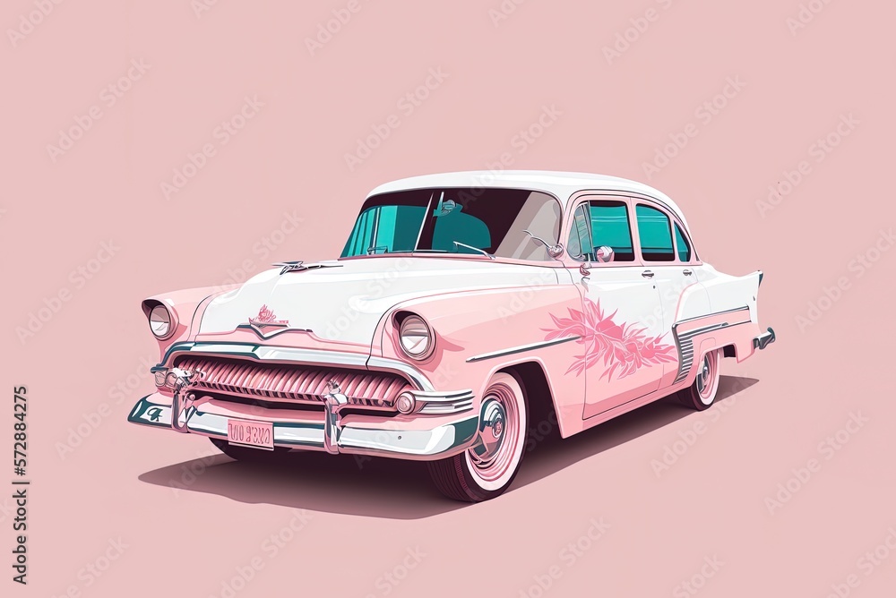 Illustration of a vintage white automobile with a pink interior, Cuba; suitable for use in decorative designs, souvenir posters and postcards. Generative AI