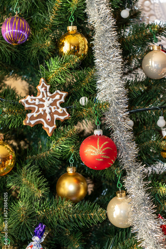Closeup decorated Christmas tree. holiday season background. Merry christmas