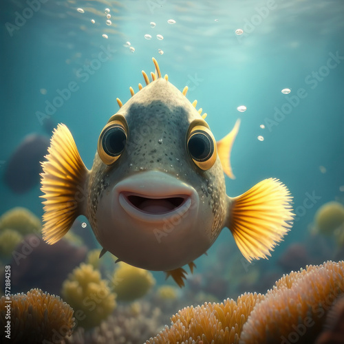 Cartoon smiling fish. AI generative. photo