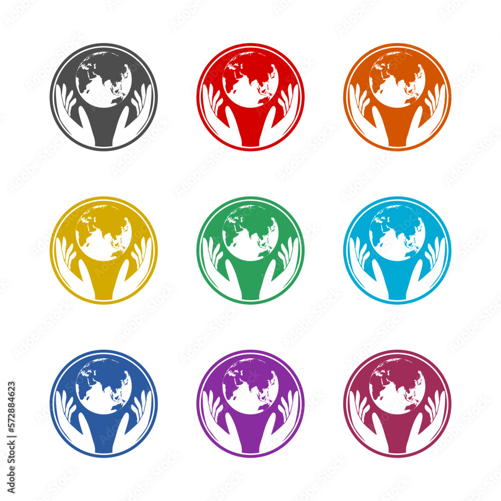Globe in hands icon isolated on white background. Set icons colorful Globe in hands icon isolated on white background. Set icons colorful