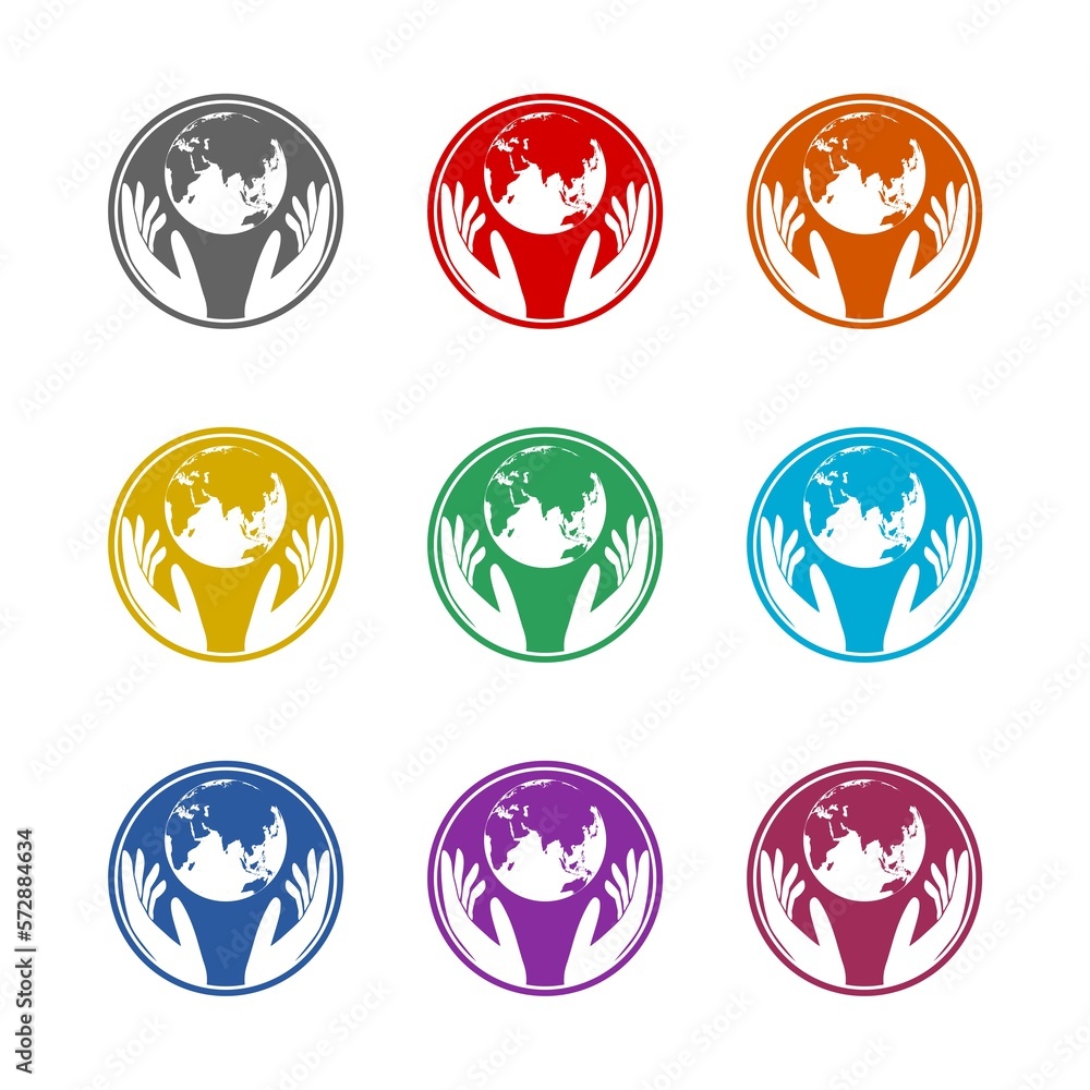 Globe in hands icon isolated on white background. Set icons colorful Globe in hands icon isolated on white background. Set icons colorful