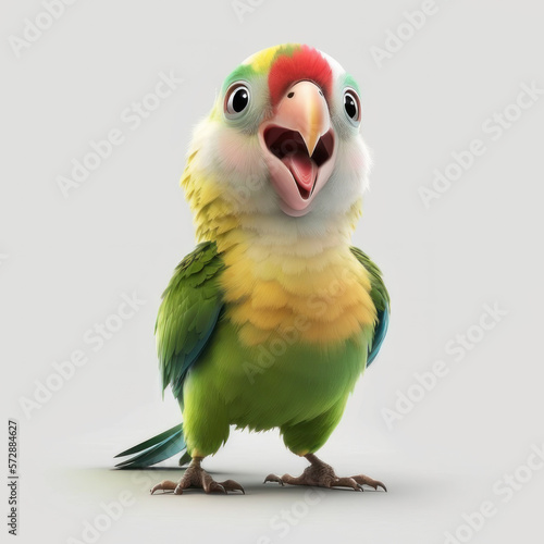 Cartoon happy parrot on a white background. AI generative.