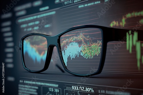 businessman's spectacles with a functional optical lens screen displaying a stock graph and financial gains. virtual reality glasses. Generative AI