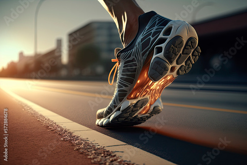 Close-up of the feet of a runner in running shoes starting the race in an urban street with sunset light. Generative AI