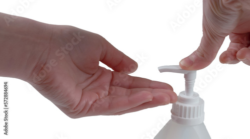 Hands applying Hand Sanitizer or lotion from a bottle to improve hygiene and remove bacteria and virus. Isolated on white background