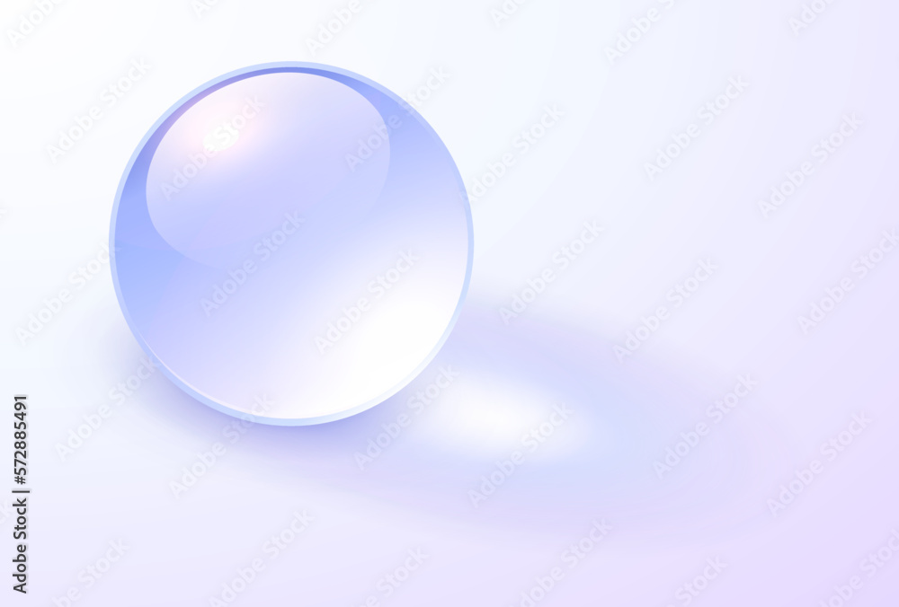 Background with glass transparent sphere, light purple blue ball with shadows, 3D vector illustration.
