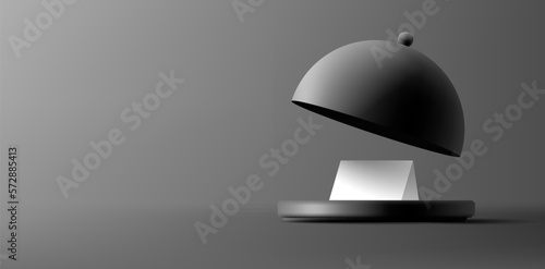 Black modern Cloche for restaurants 3d. Empty, open, for advertising dishes of restaurants and cafes. Banner for advertising on a dark background.